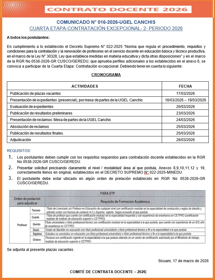 Comunicado N° 016-2026-UGEL CANCHIS CUARTA ETAPA-CONTRATACIÓN EXCEPCIONAL- 2- PERIODO 2026